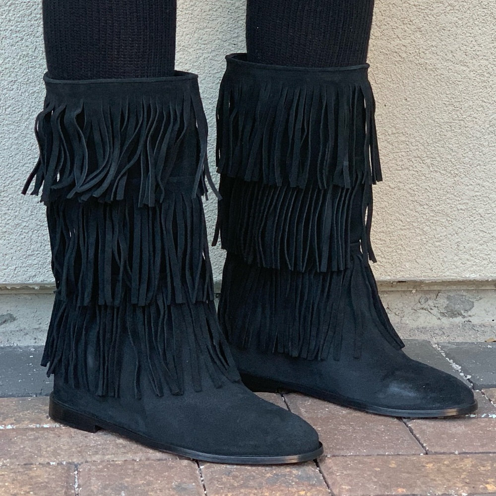 Genuine Suede Layered Fringe Bohemian Flat Boots
